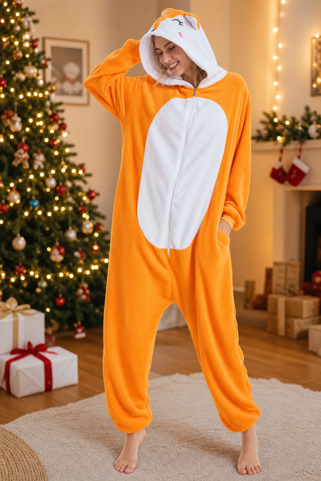 Adult Hooded Blushing Orange Fox Kigurumi Onesie - Image 6