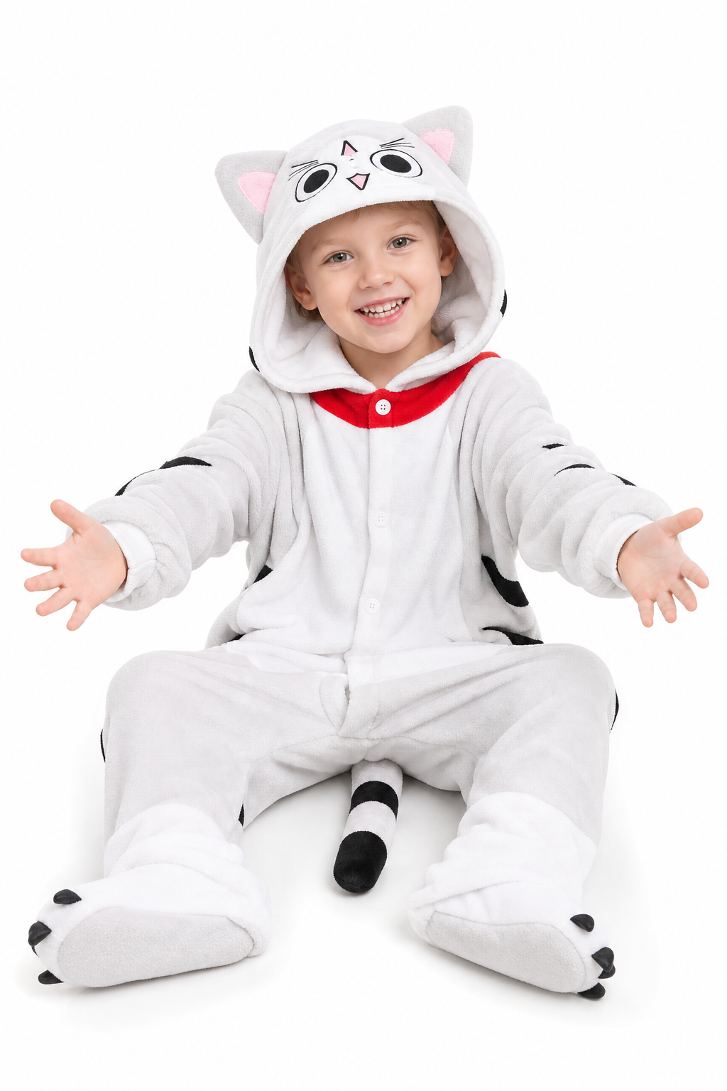 Kids' Hooded White Spotted Cat Kigurumi Costume Onesie - Image 5