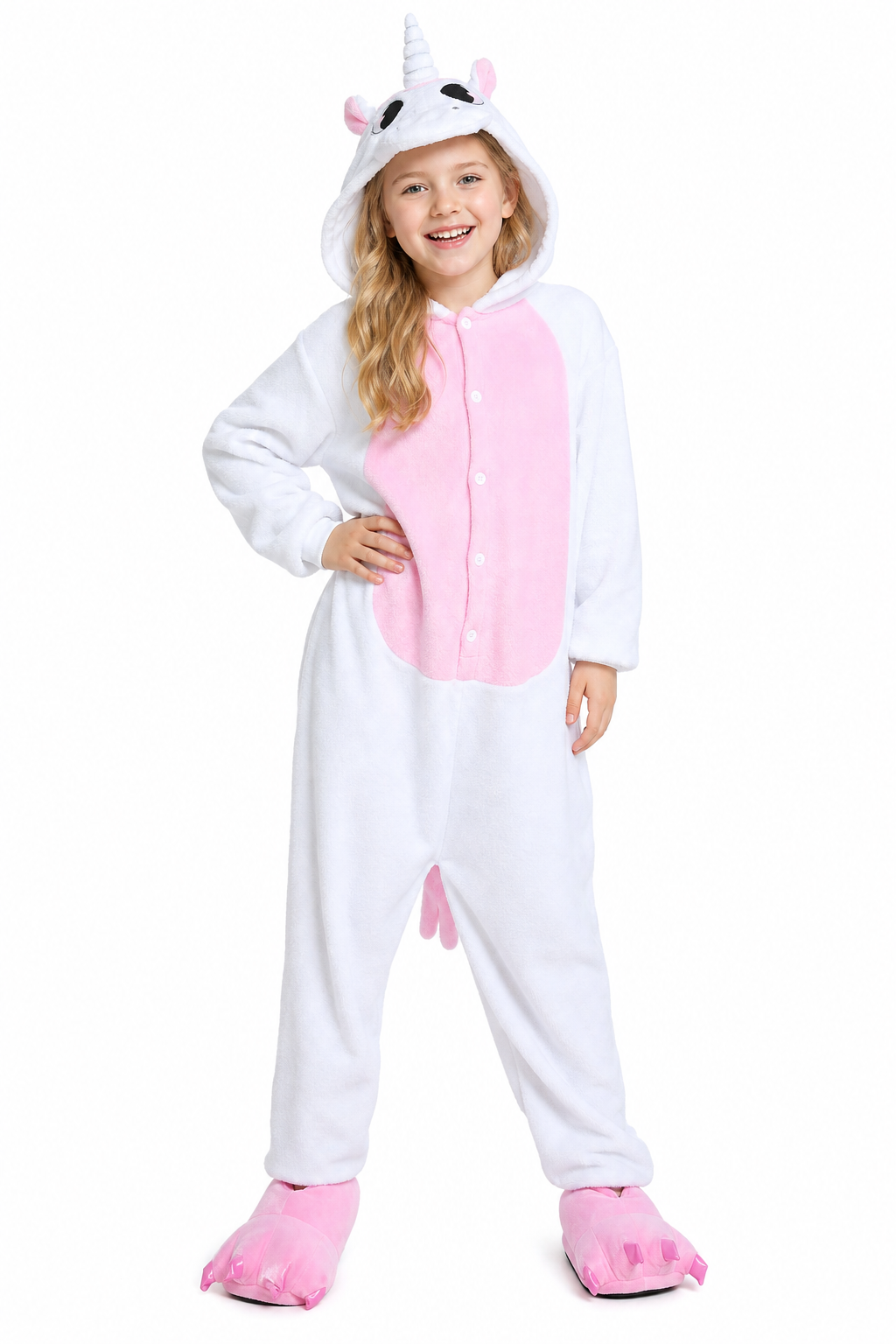 Kids' Hooded White and Pastel Pink Unicorn Kigurumi Onesie - Image 2
