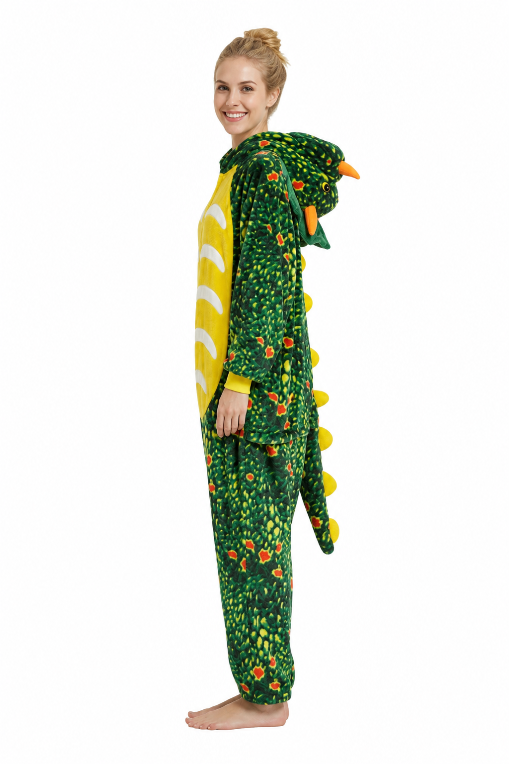 Adult Hooded Orange-Speckled Green Dinosaur Kigurumi Onesie - Image 2