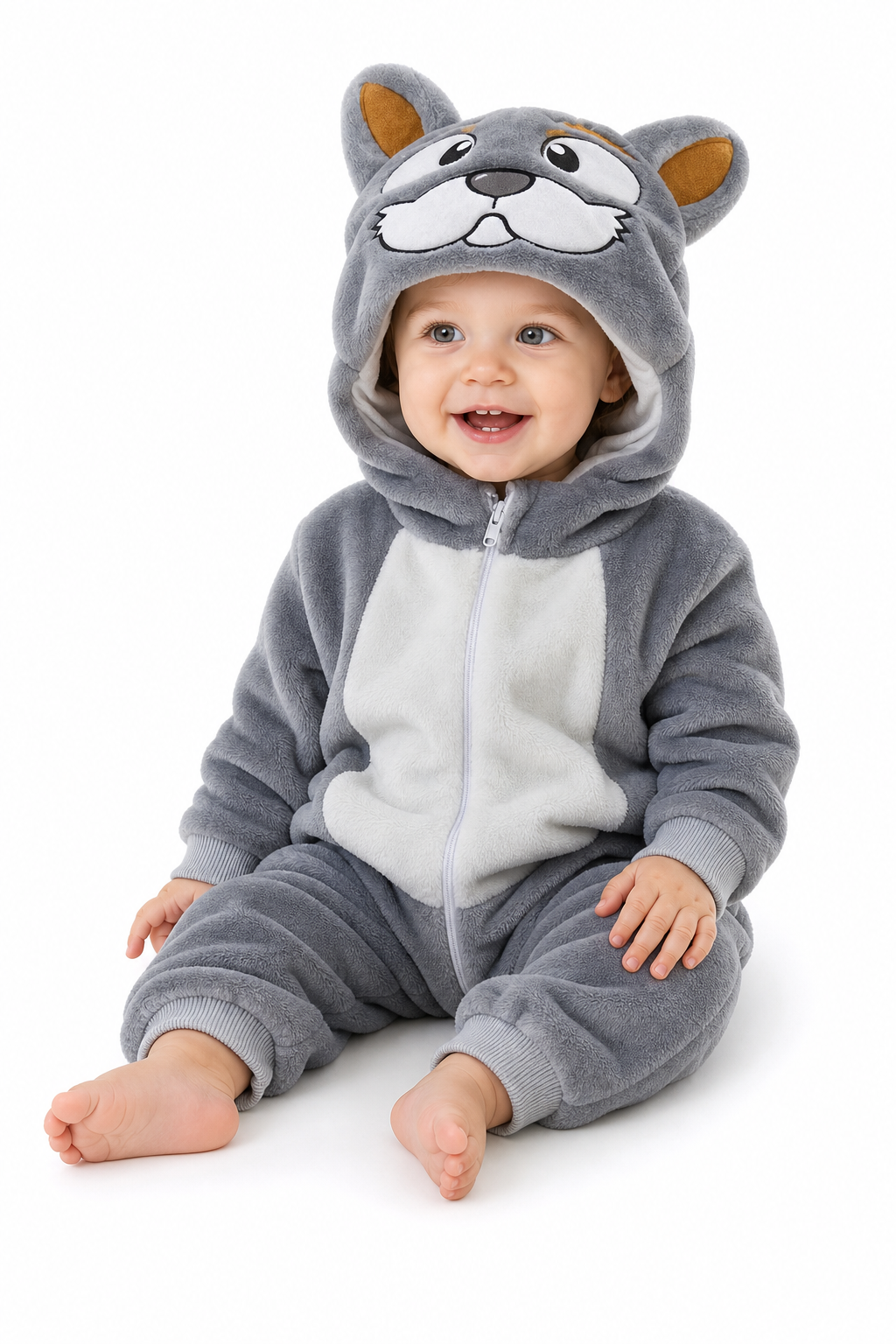 Cute Gray Plush Animal Hooded Baby Kigurumi Onesie - Image 3