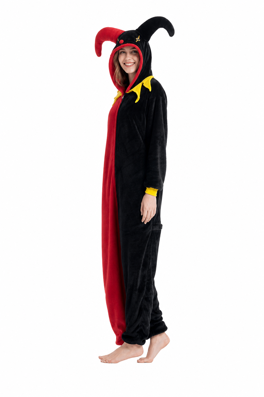 Adult Hooded Red & Black Jester Kigurumi Onesie - Image 2