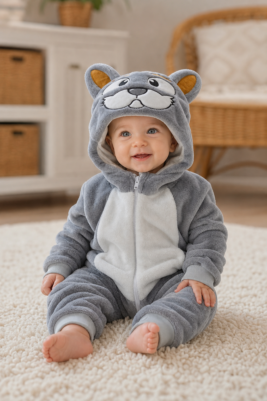 Cute Gray Plush Animal Hooded Baby Kigurumi Onesie - Image 6