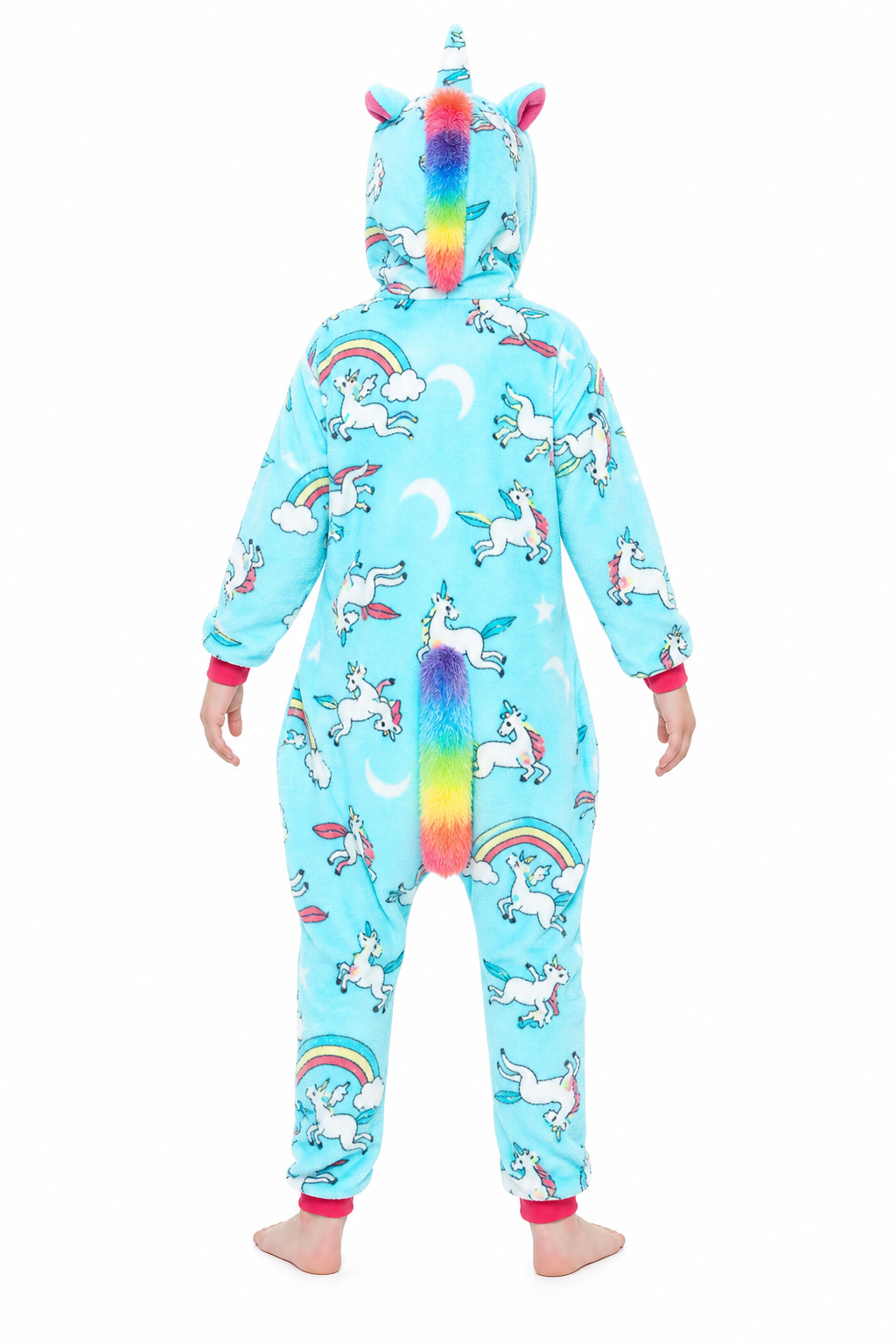 Kids' Hooded Teal Rainbow-Print Unicorn Kigurumi Onesie - Image 4