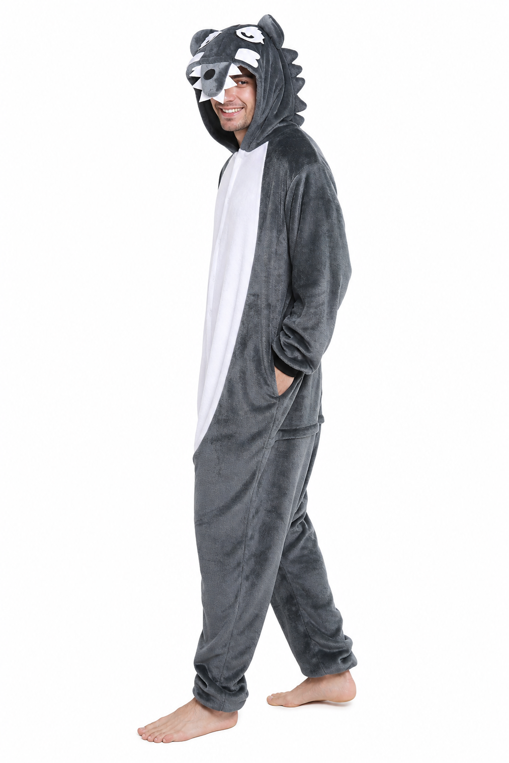 Adult Gray Plush Wolf Onesie - Image 2