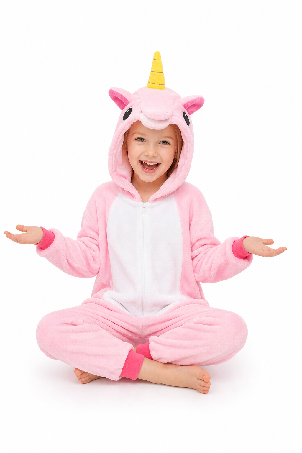 Kids' Hooded Solid Pink Unicorn Kigurumi Onesie - Image 5