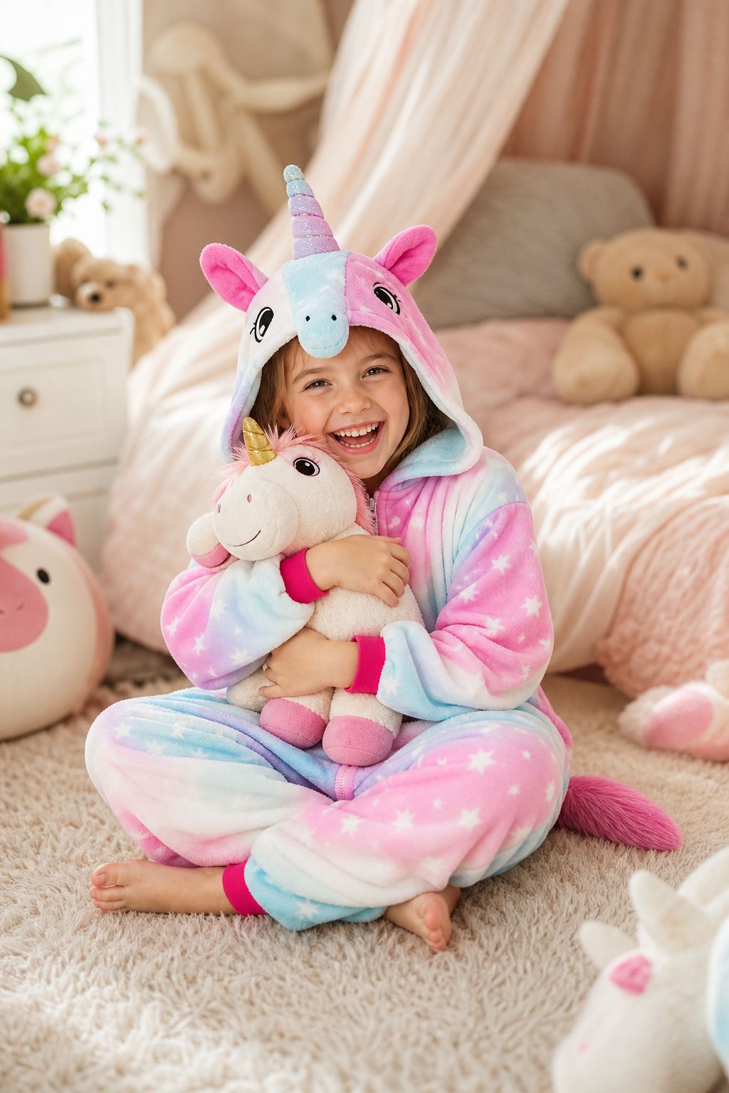 Kids' Hooded Pastel Rainbow Star Unicorn Kigurumi Onesie - Image 6