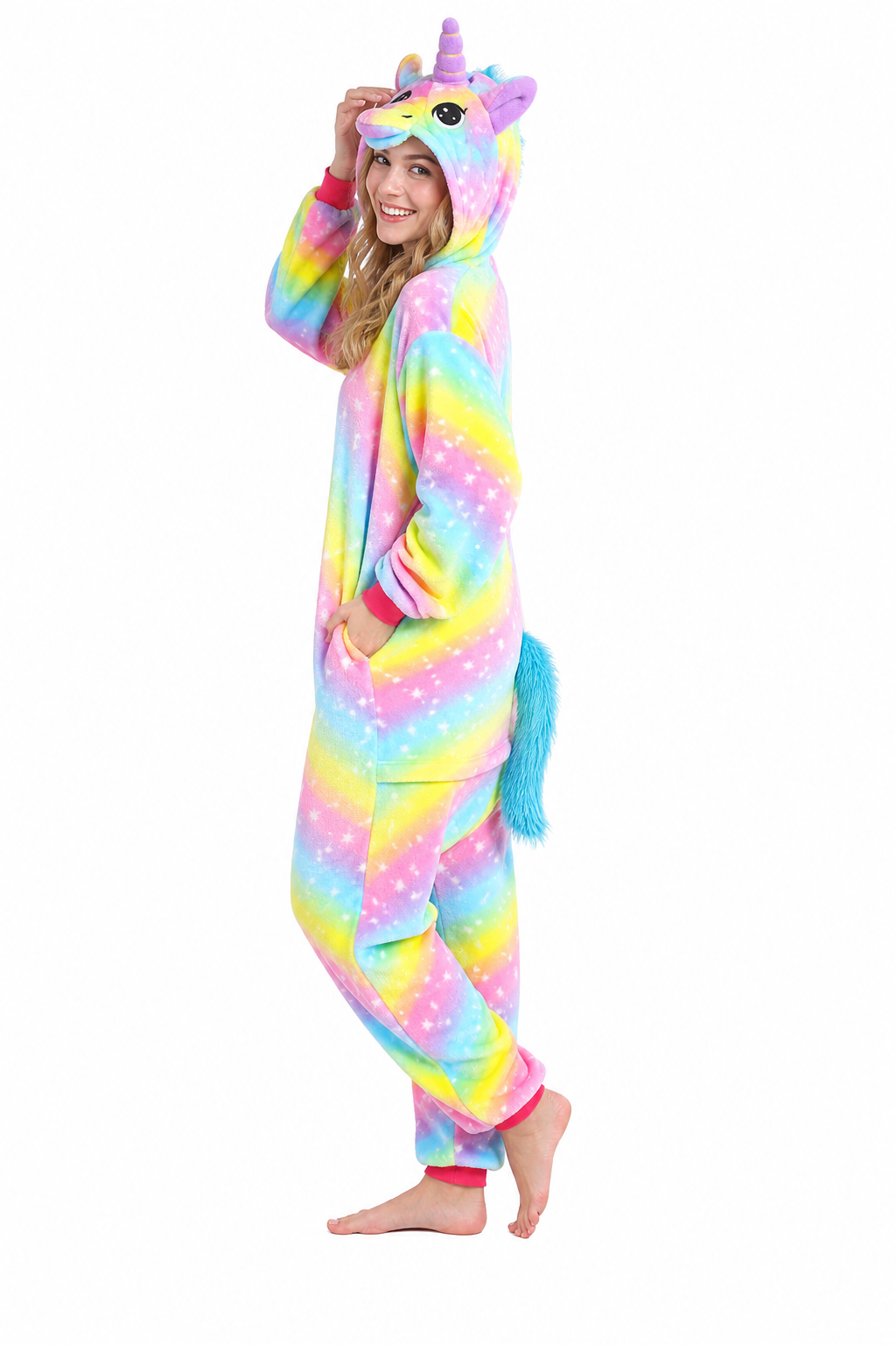 Adult Hooded Bright Rainbow Stripe Unicorn Kigurumi Onesie - Image 2