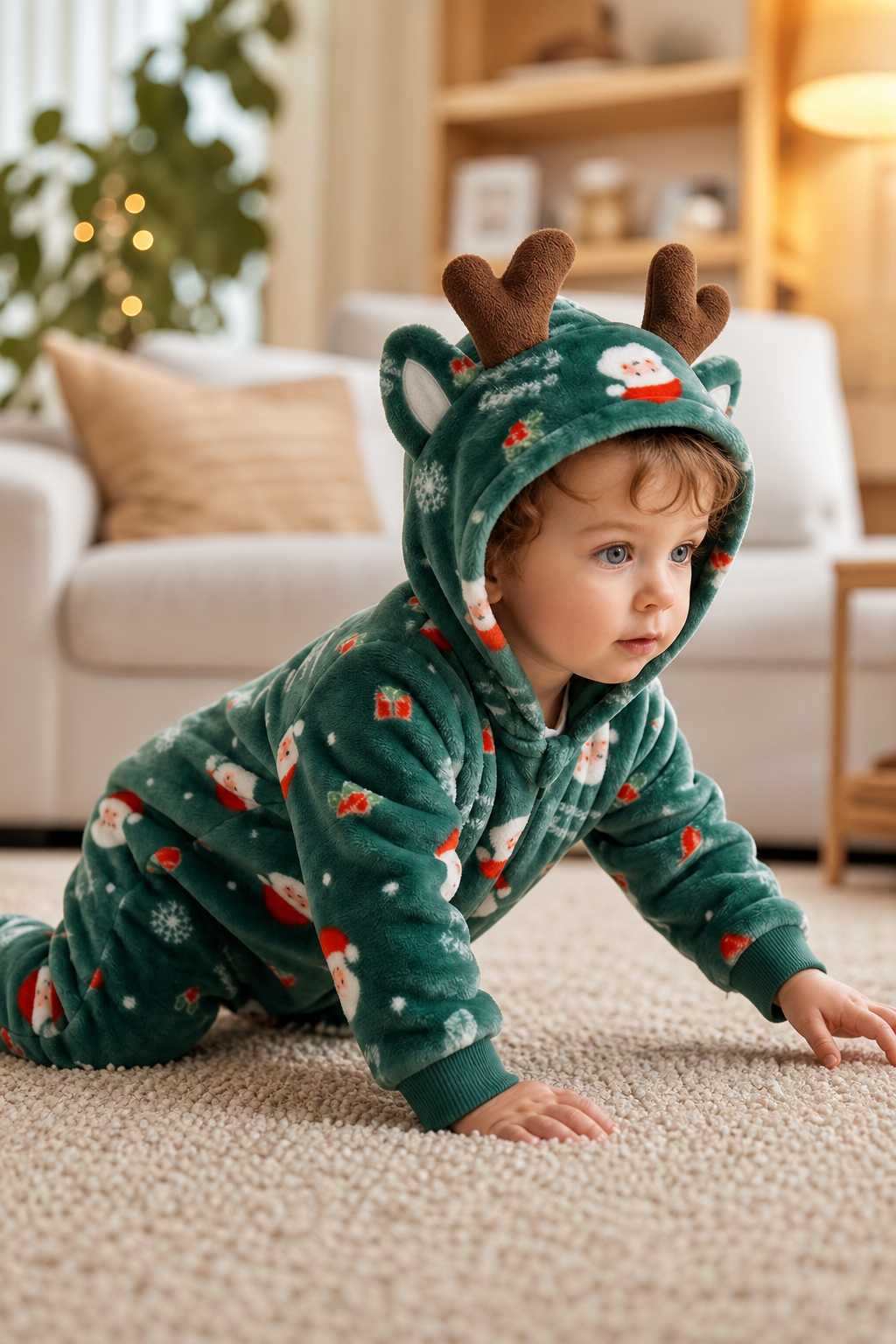 Baby Plush Green Santa Reindeer Hooded Onesie - Image 6
