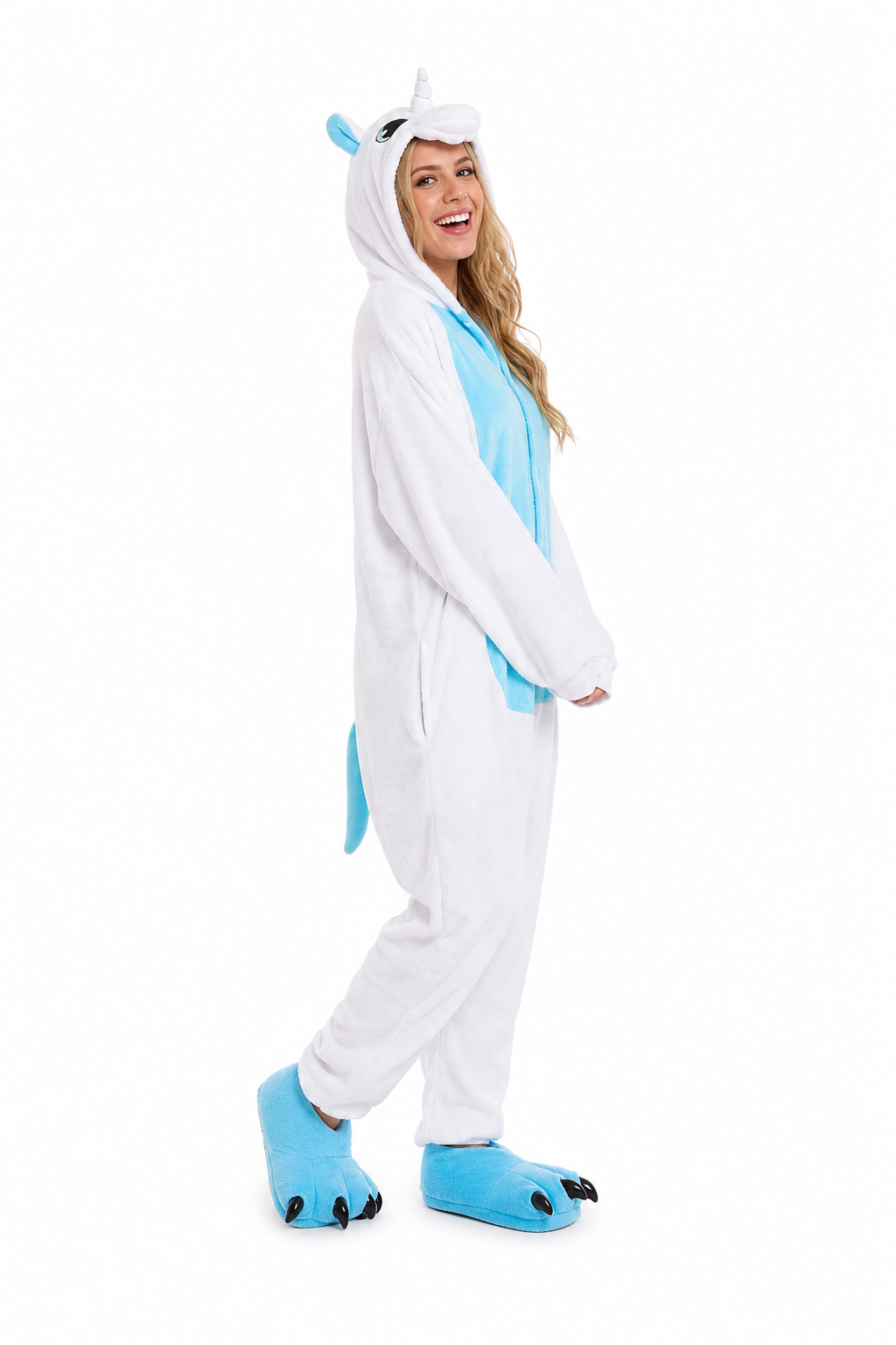 Adult Hooded White & Blue Unicorn Kigurumi Onesie - Image 2
