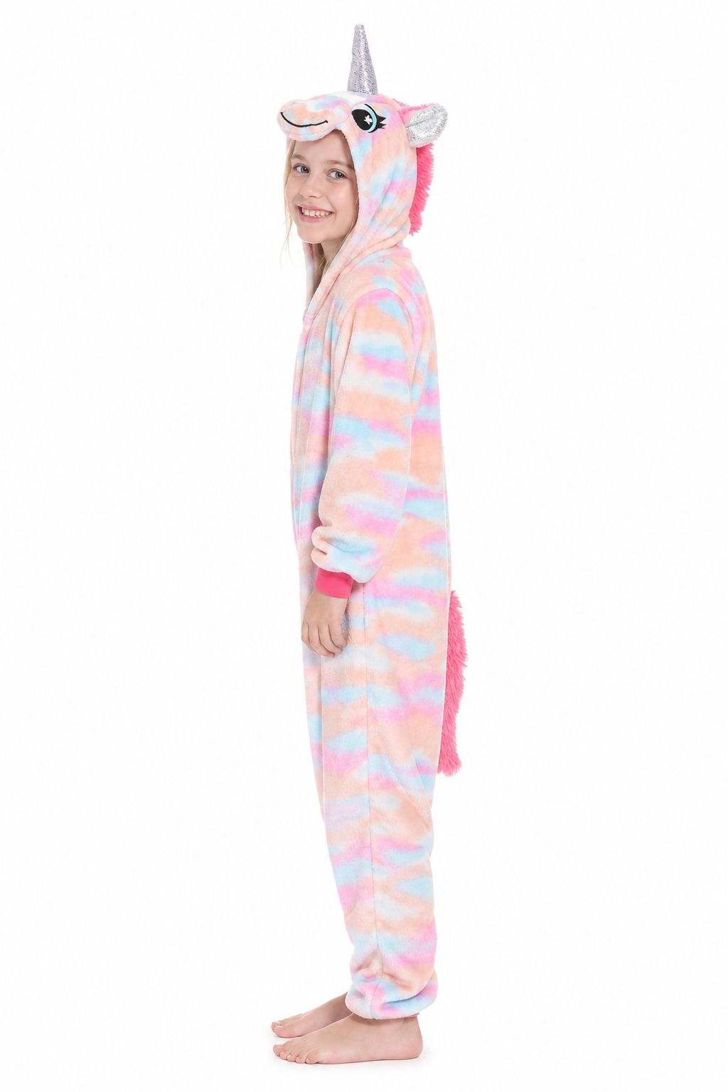 Kids' Hooded Pastel Pink and Blue Tie-Dye Unicorn Plush Kigurumi Onesie - Image 3
