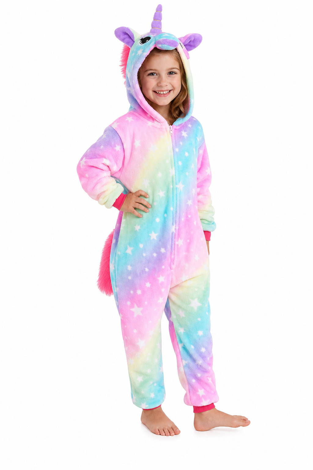 Kids' Hooded Pastel Rainbow Sky Unicorn Plush Kigurumi Onesie - Image 3