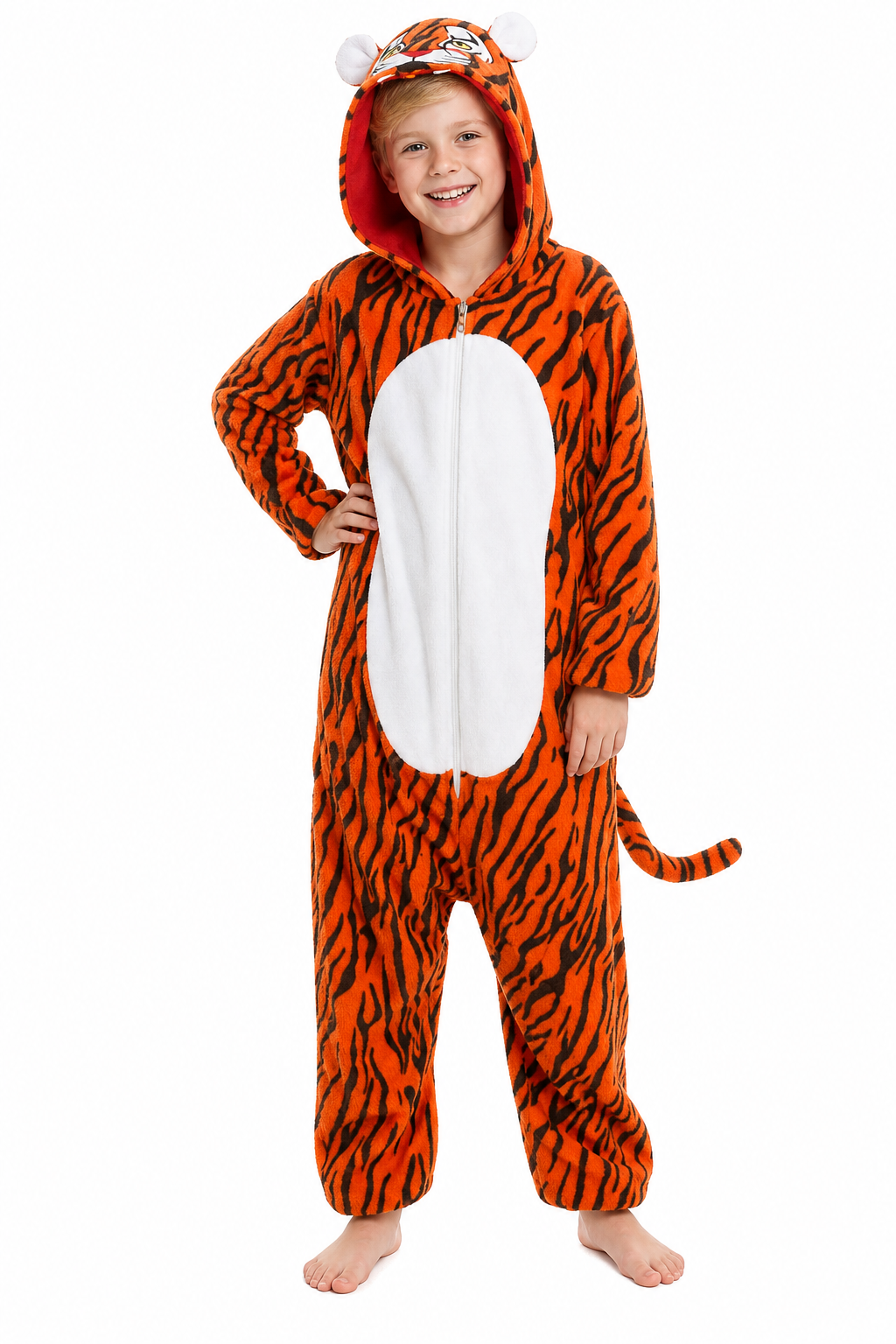 Kids' Hooded Orange and Black Striped Tiger Kigurumi Onesie - Image 2