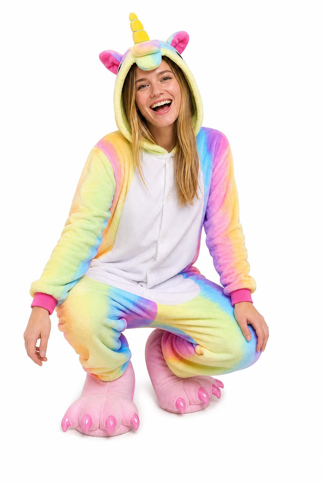 Adult Hooded Pastel Rainbow Ombre Unicorn Kigurumi Onesie with White Belly - Image 5