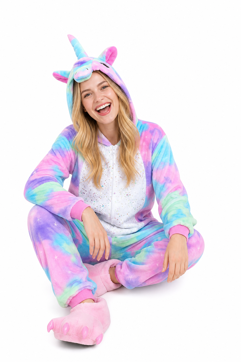 Adult Hooded Pastel Rainbow Unicorn Kigurumi Onesie with Glitter Star Belly - Image 5