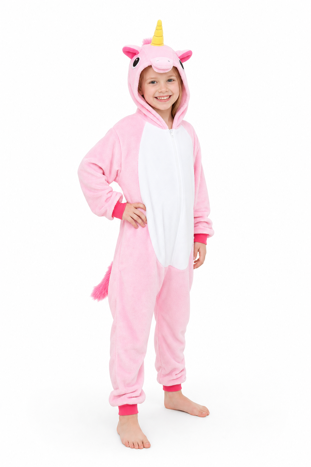 Kids' Hooded Solid Pink Unicorn Kigurumi Onesie - Image 3