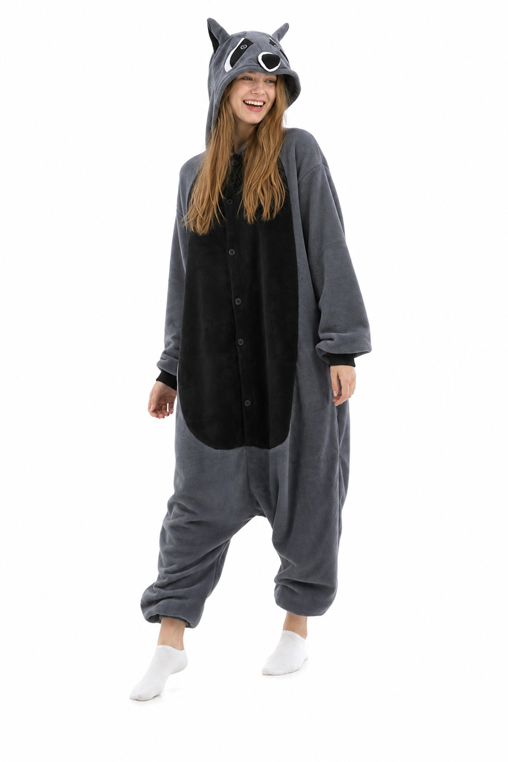 Adult Dark Grey Raccoon Fleece Hooded Onesie - Image 3