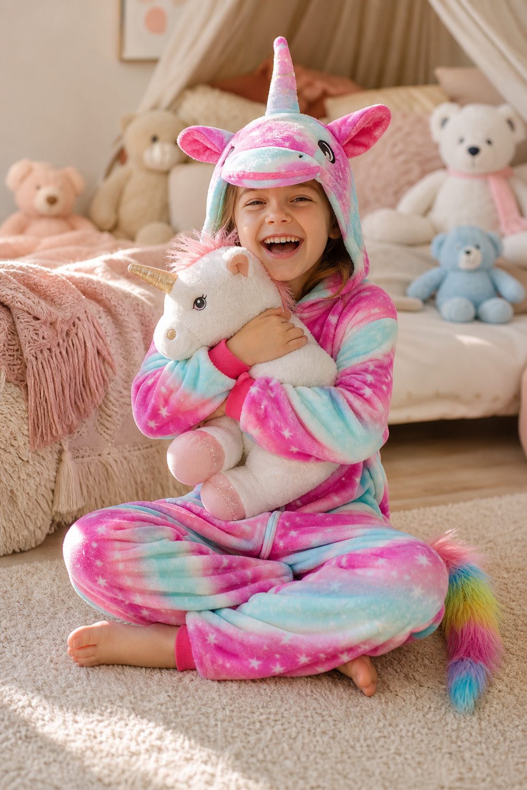 Kids' Hooded Pink and Blue Star Swirl Unicorn Kigurumi Onesie - Image 6