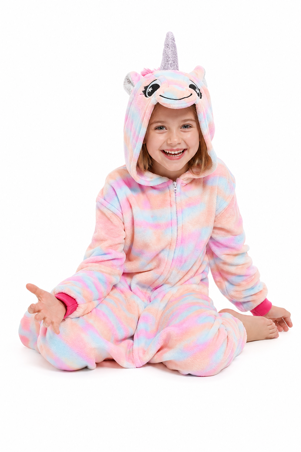 Kids' Hooded Pastel Pink and Blue Tie-Dye Unicorn Plush Kigurumi Onesie - Image 5