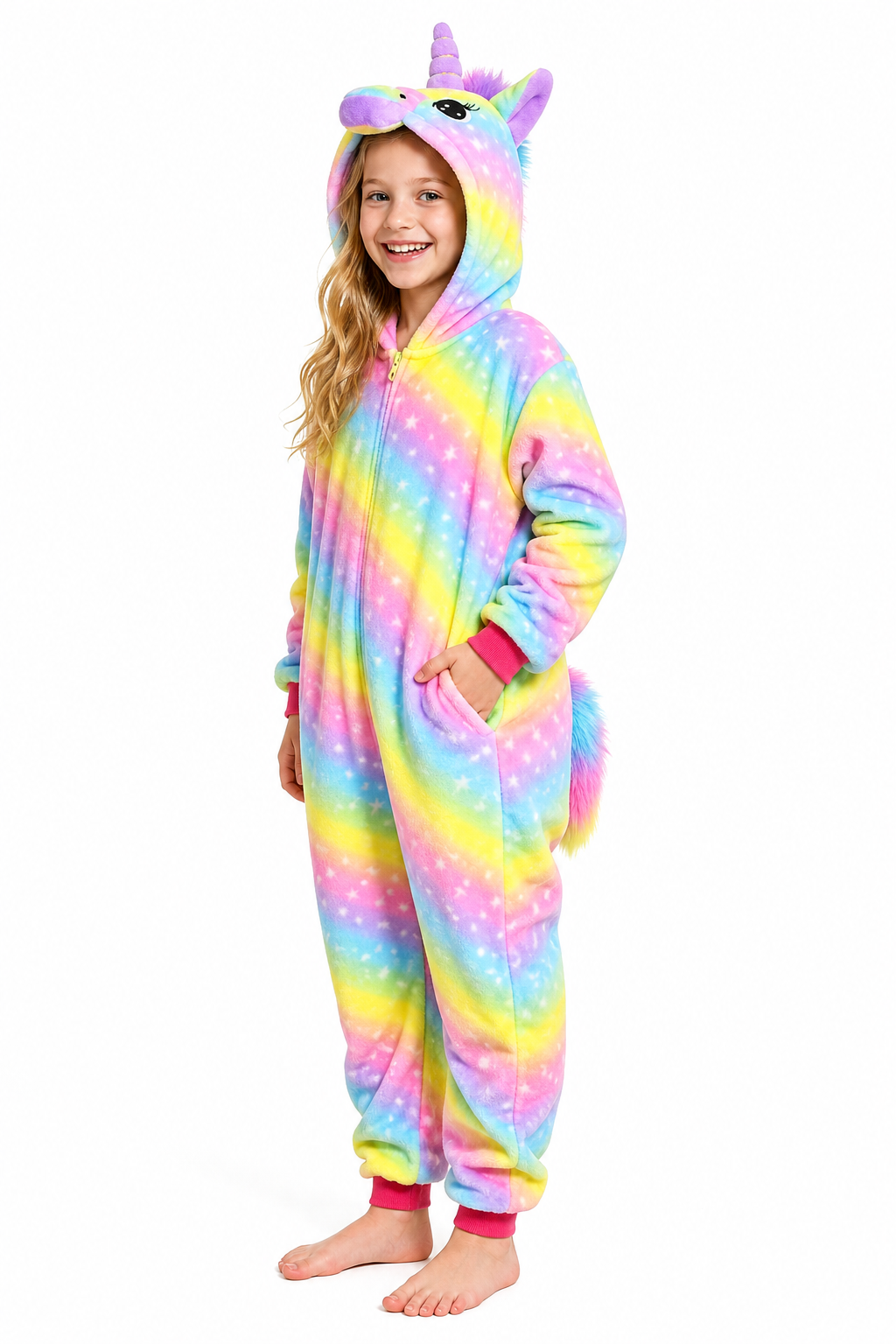 Kids' Hooded Bright Rainbow Star Unicorn Kigurumi Onesie - Image 3