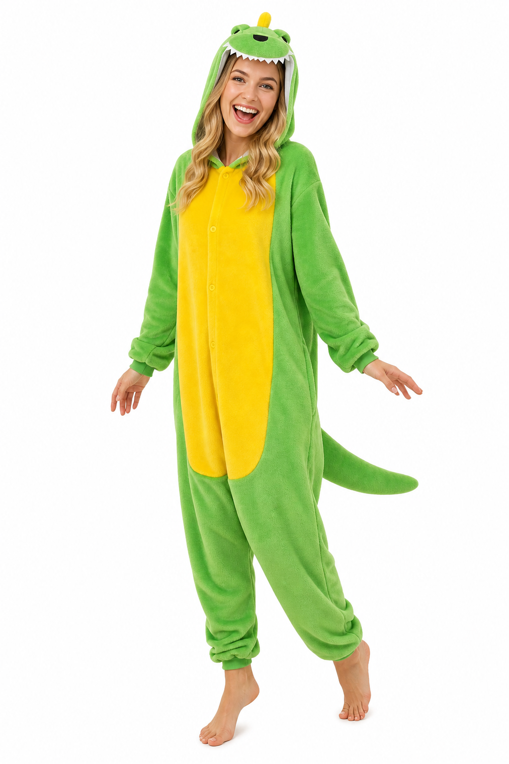Adult Hooded Bright Green Dinosaur Kigurumi Onesie with Tail - Image 3