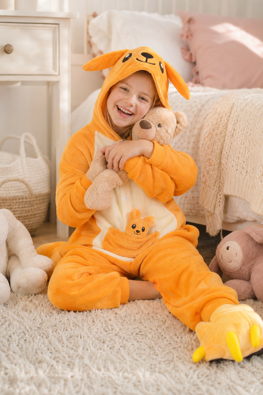 Kids' Hooded Orange Kangaroo & Joey Kigurumi Onesie - Image 6