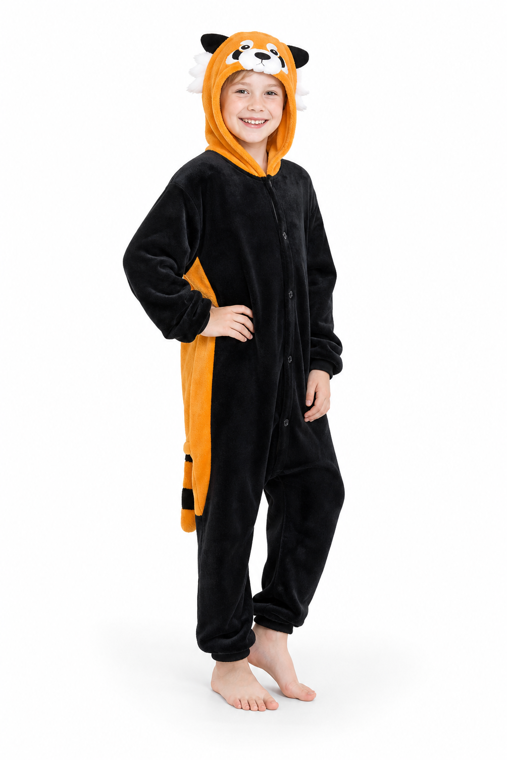 Kids' Hooded Black and Orange Red Panda Kigurumi Onesie - Image 3