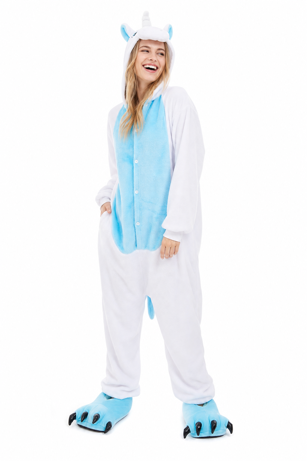 Adult Hooded White & Blue Unicorn Kigurumi Onesie - Image 3