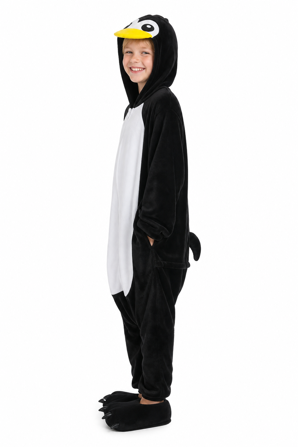 Kids' Hooded Black and White Penguin Plush Kigurumi Onesie - Image 3