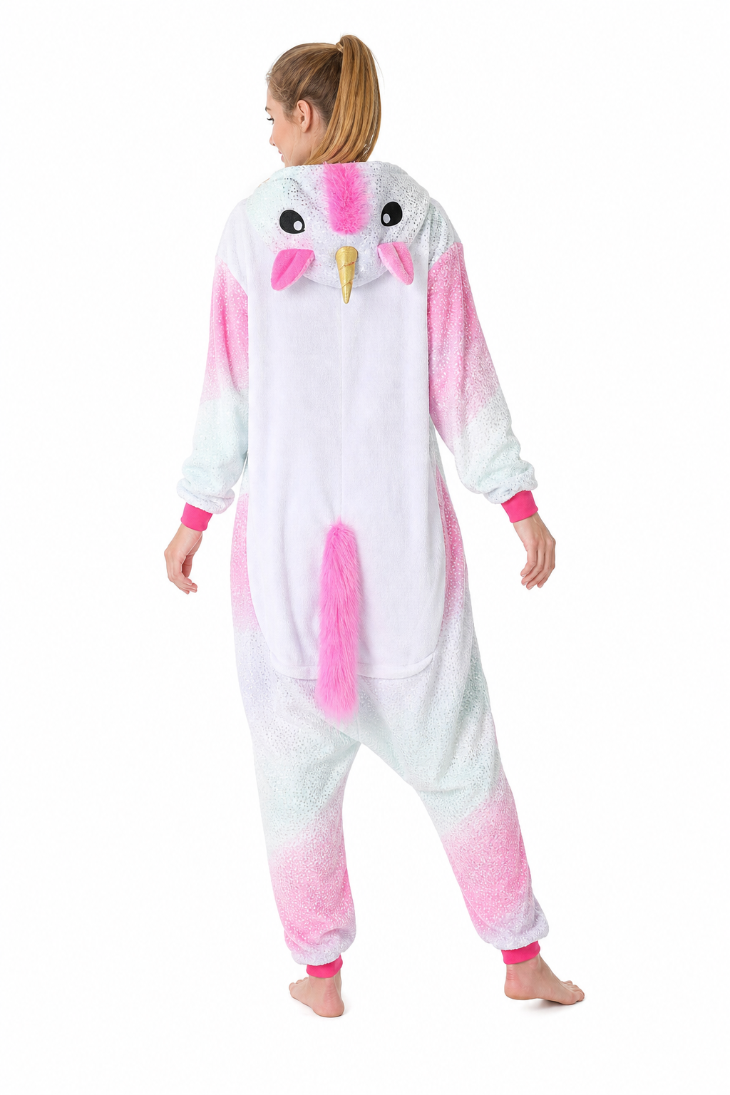 Adult Hooded Pink & Mint Glitter Ombre Unicorn Kigurumi Onesie - Image 4