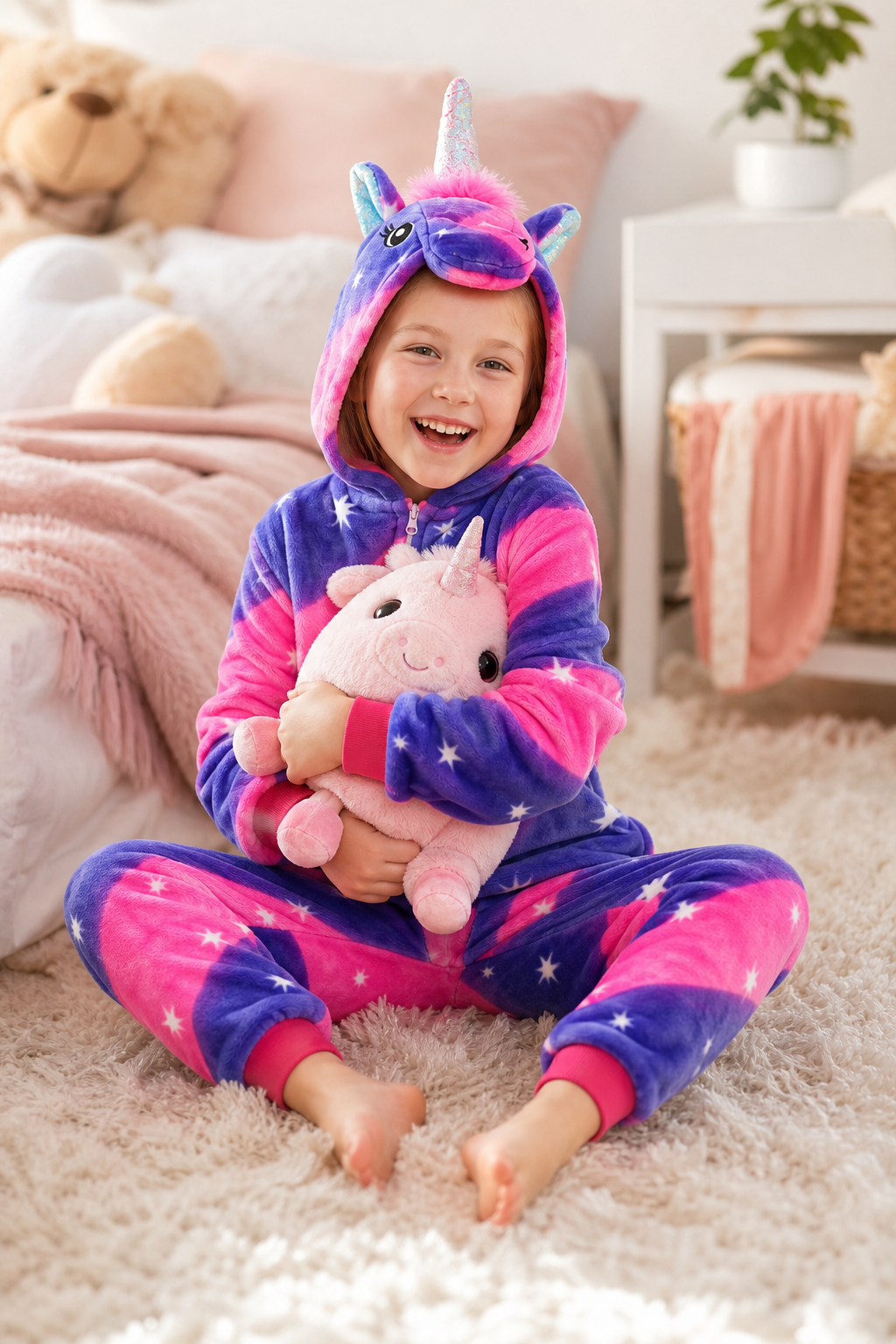 Kids' Hooded Pink and Indigo Star Unicorn Kigurumi Onesie - Image 6