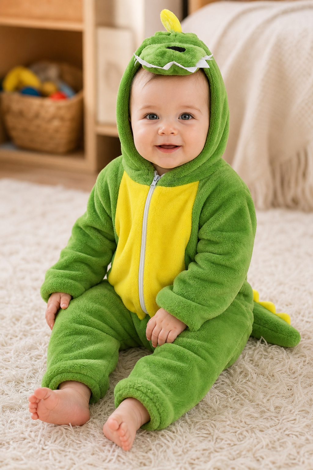 Green Plush Hooded Dinosaur Baby Kigurumi Onesie with Feet - Image 6