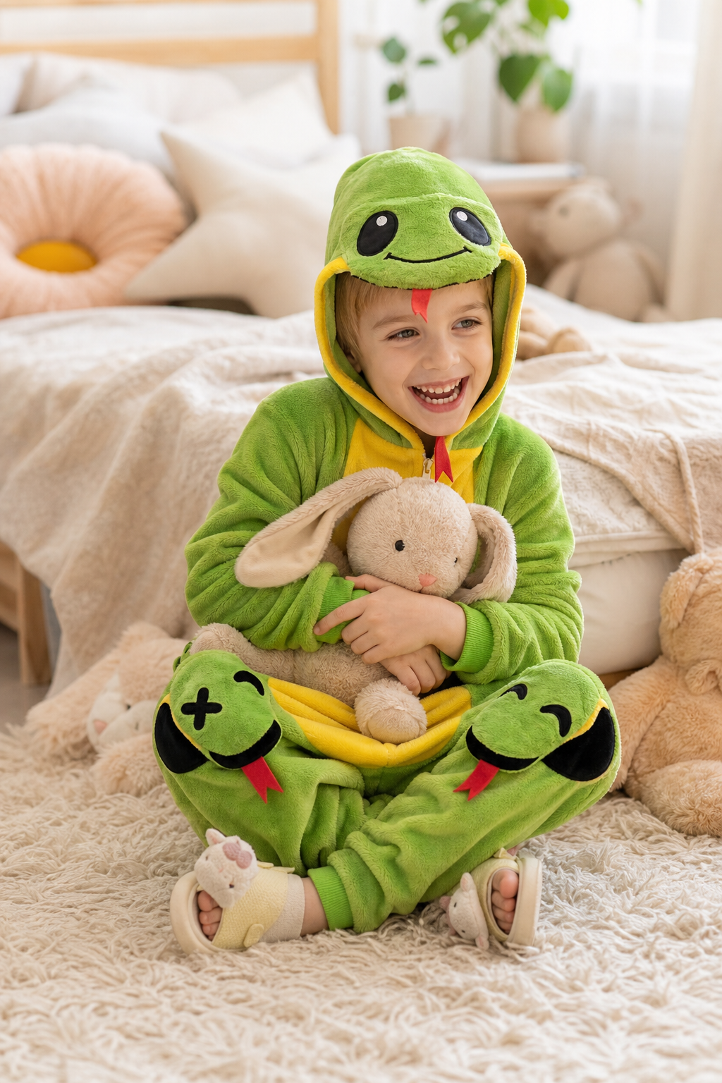 Kids' Hooded Green and Yellow Snake Kigurumi Onesie - Image 6