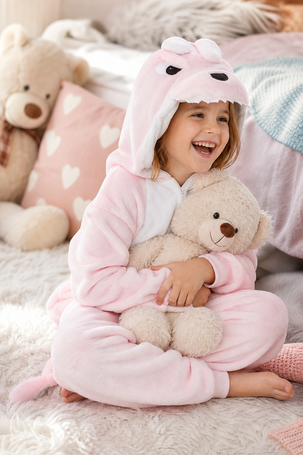 Kids' Hooded Pink Fanged Monster Kigurumi Onesie - Image 6