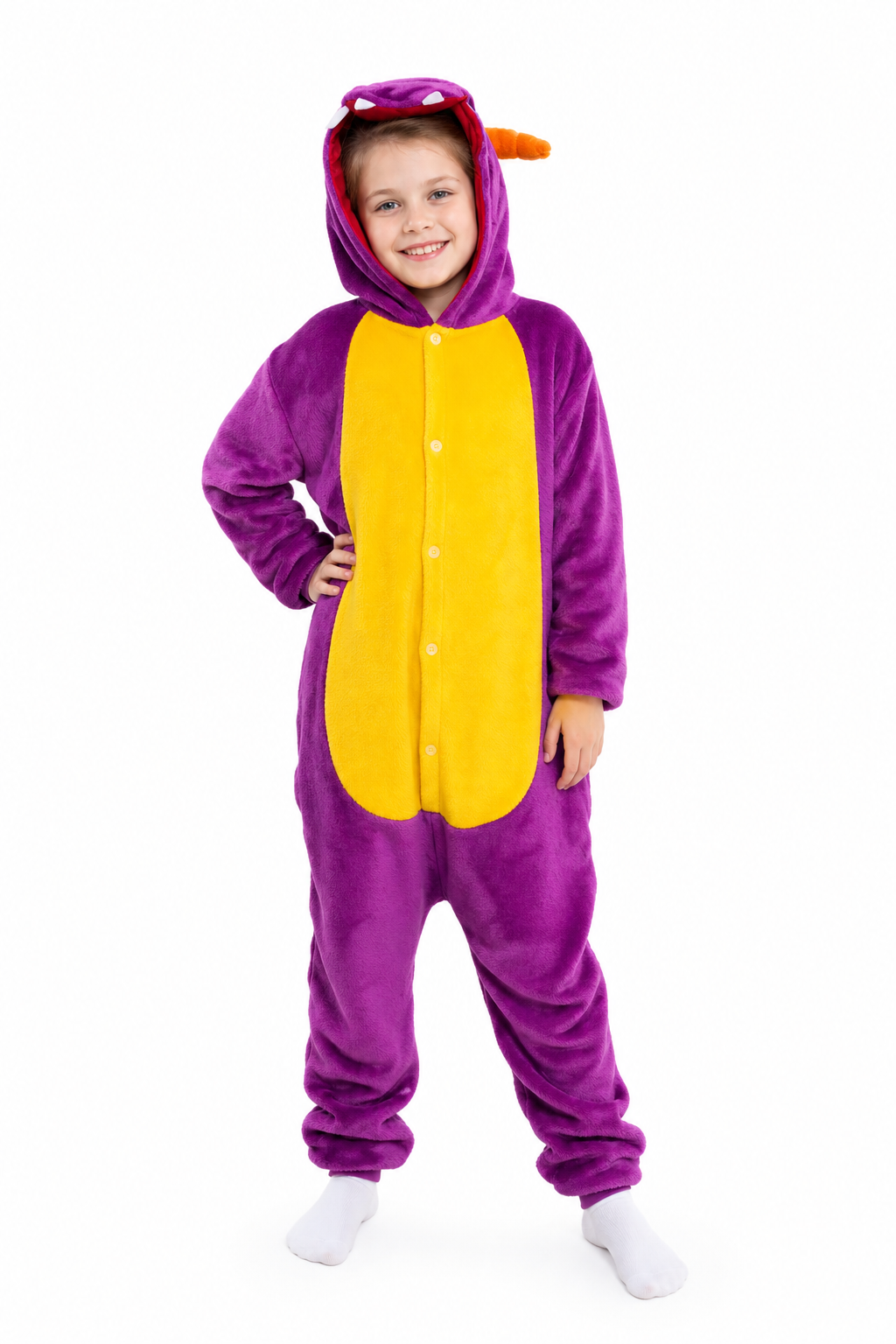 Kids' Hooded Purple Dinosaur Kigurumi Costume Onesie - Image 2