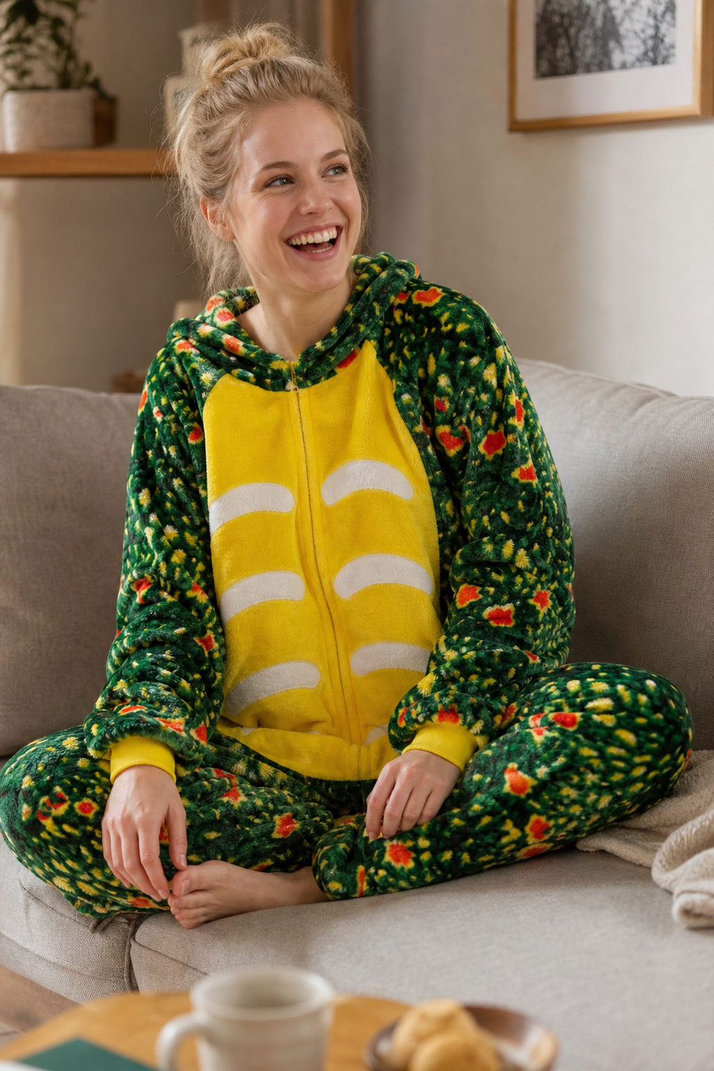 Adult Hooded Orange-Speckled Green Dinosaur Kigurumi Onesie - Image 6