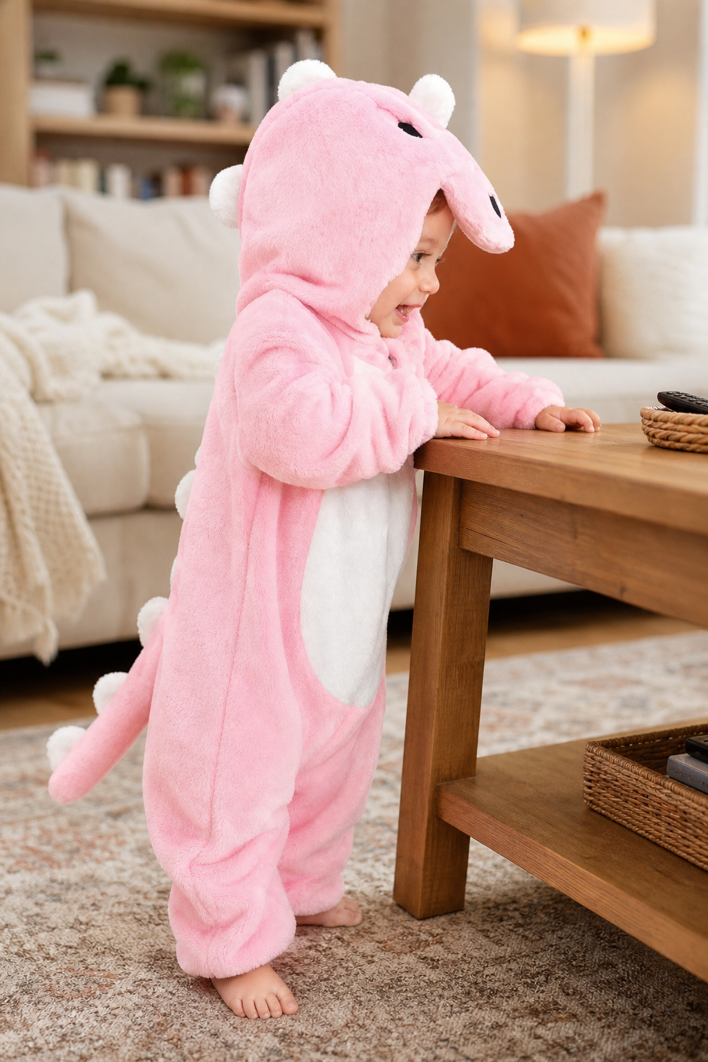 Hooded Pink Baby Plush Dino Onesie - Image 6