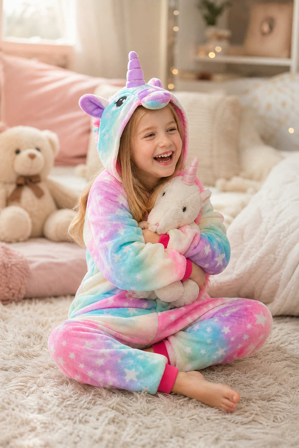 Kids' Hooded Pastel Rainbow Sky Unicorn Plush Kigurumi Onesie - Image 6