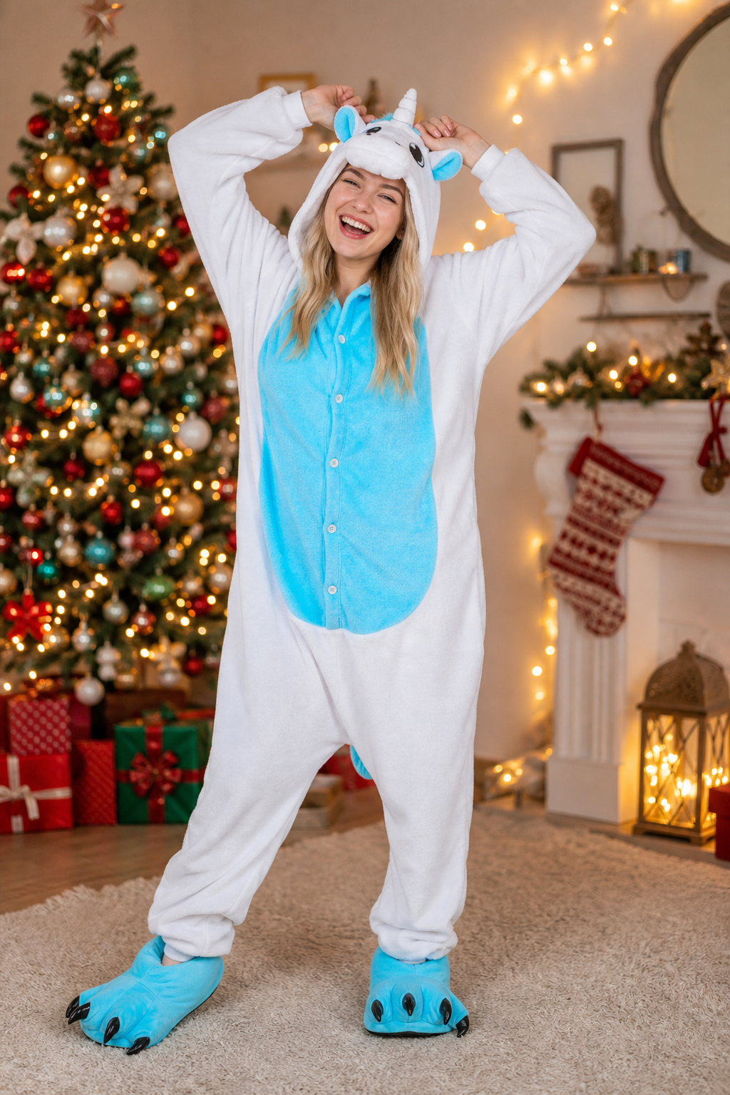 Adult Hooded White & Blue Unicorn Kigurumi Onesie - Image 6