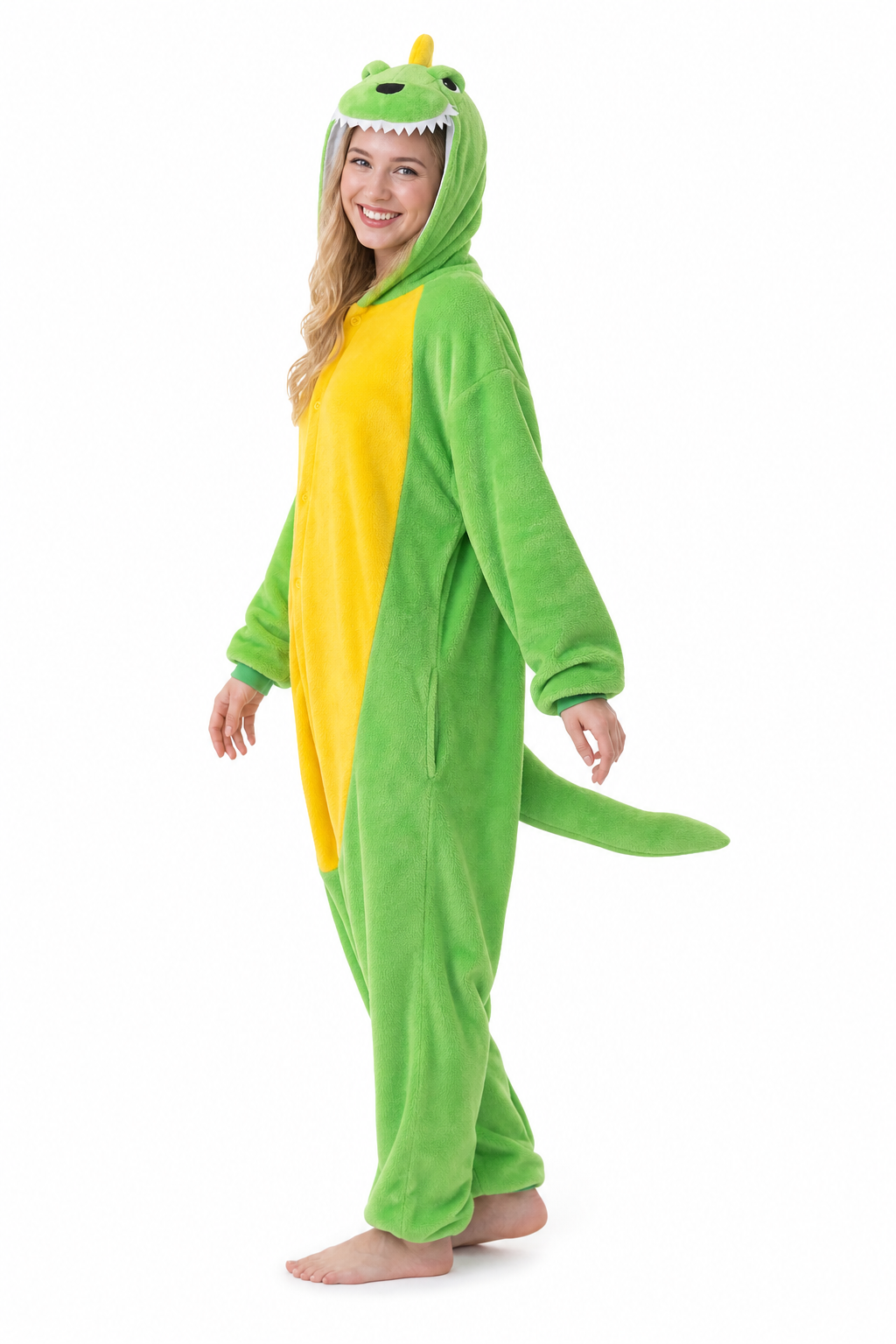 Adult Hooded Bright Green Dinosaur Kigurumi Onesie with Tail - Image 2