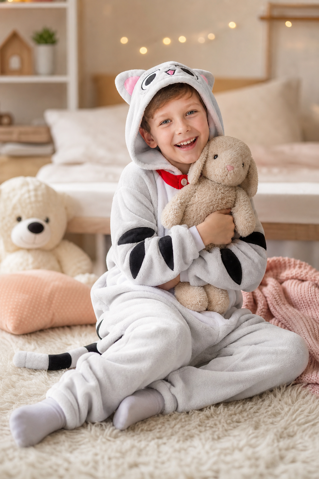 Kids' Hooded White Spotted Cat Kigurumi Costume Onesie - Image 6