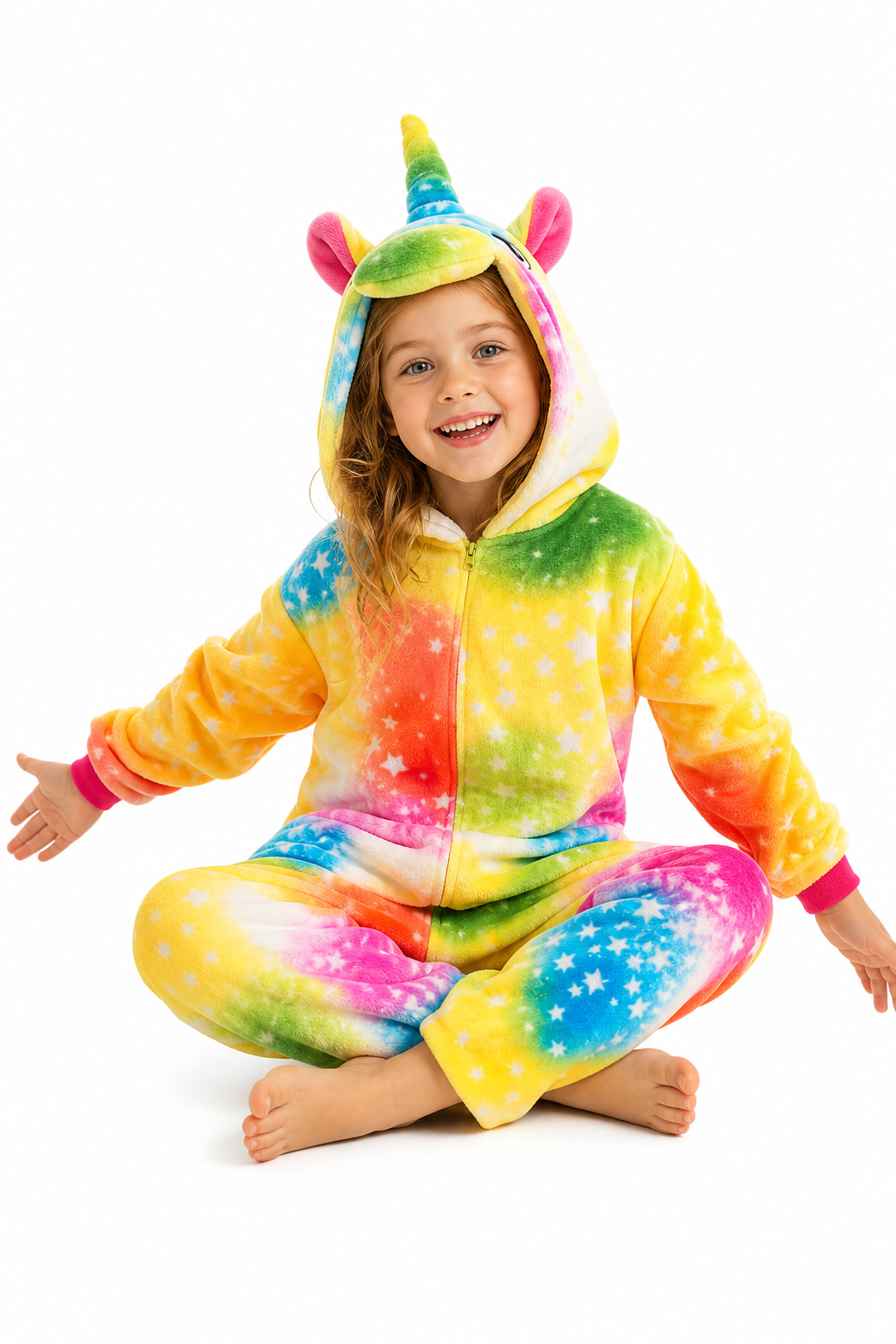Kids' Hooded Yellow Rainbow Star Unicorn Kigurumi Costume Onesie - Image 5