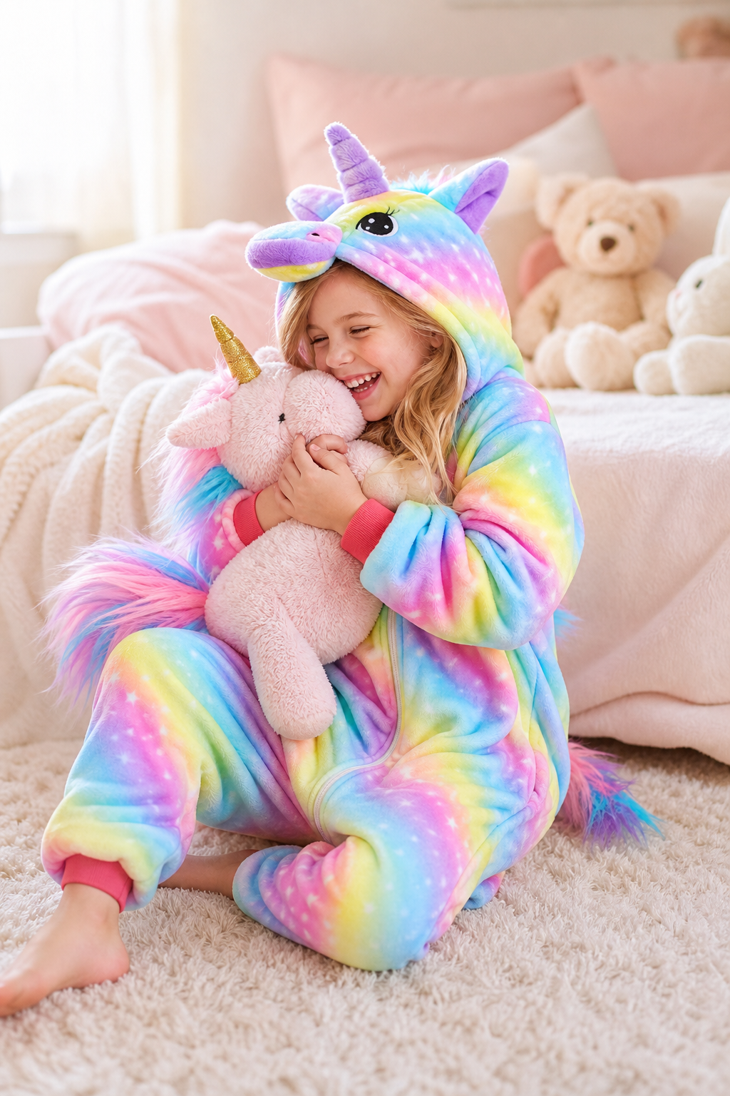 Kids' Hooded Bright Rainbow Star Unicorn Kigurumi Onesie - Image 6