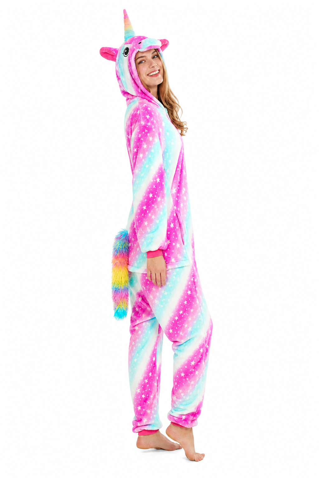 Adult Hooded Pink & Blue Star Unicorn Kigurumi Onesie with Rainbow Tail - Image 2