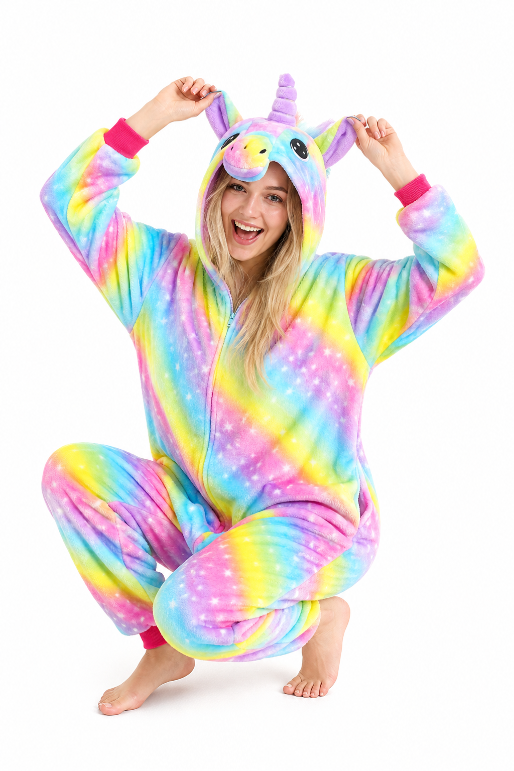Adult Hooded Bright Rainbow Stripe Unicorn Kigurumi Onesie - Image 5