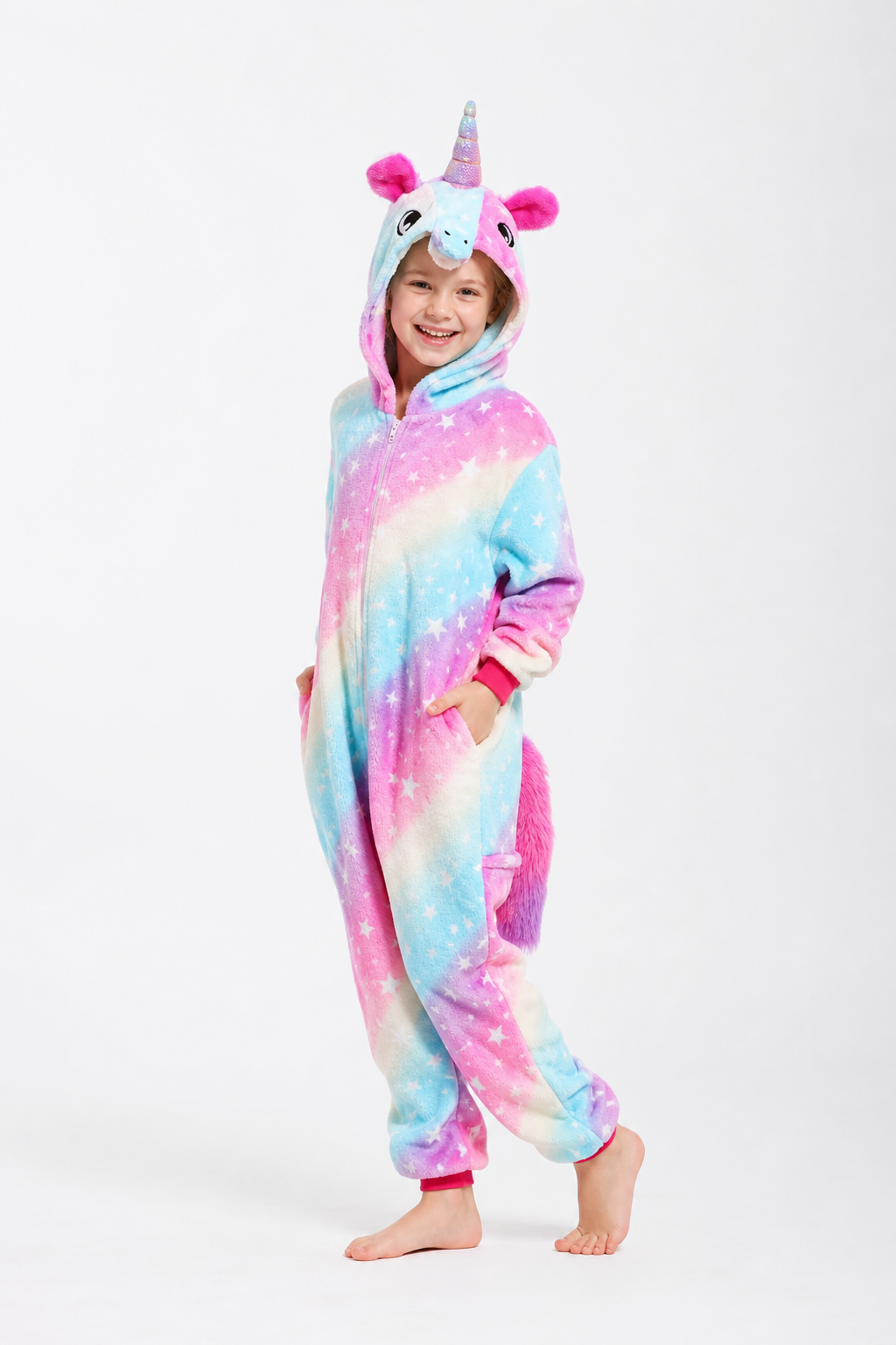 Kids' Hooded Pastel Rainbow Star Unicorn Kigurumi Onesie - Image 3