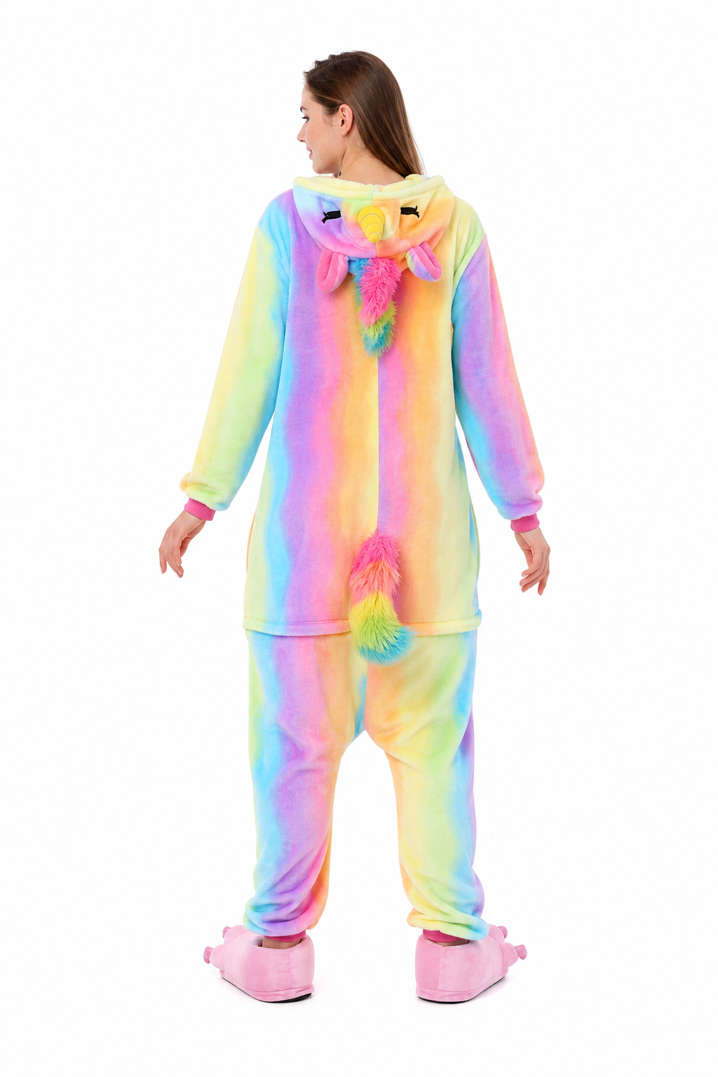 Adult Hooded Pastel Rainbow Ombre Unicorn Kigurumi Onesie with White Belly - Image 3