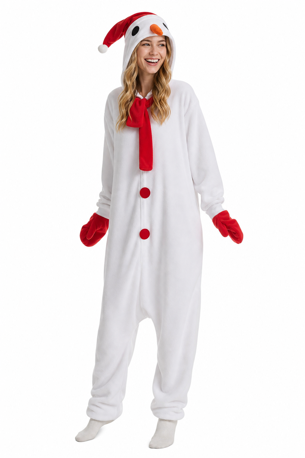 Adult Snowman Kigurumi with Red Scarf and Santa Hat - Image 3