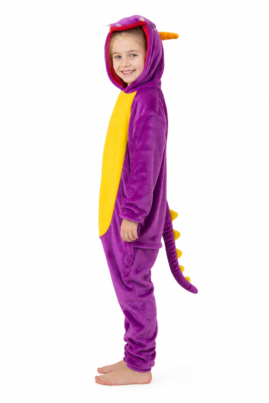 Kids' Hooded Purple Dinosaur Kigurumi Costume Onesie - Image 3