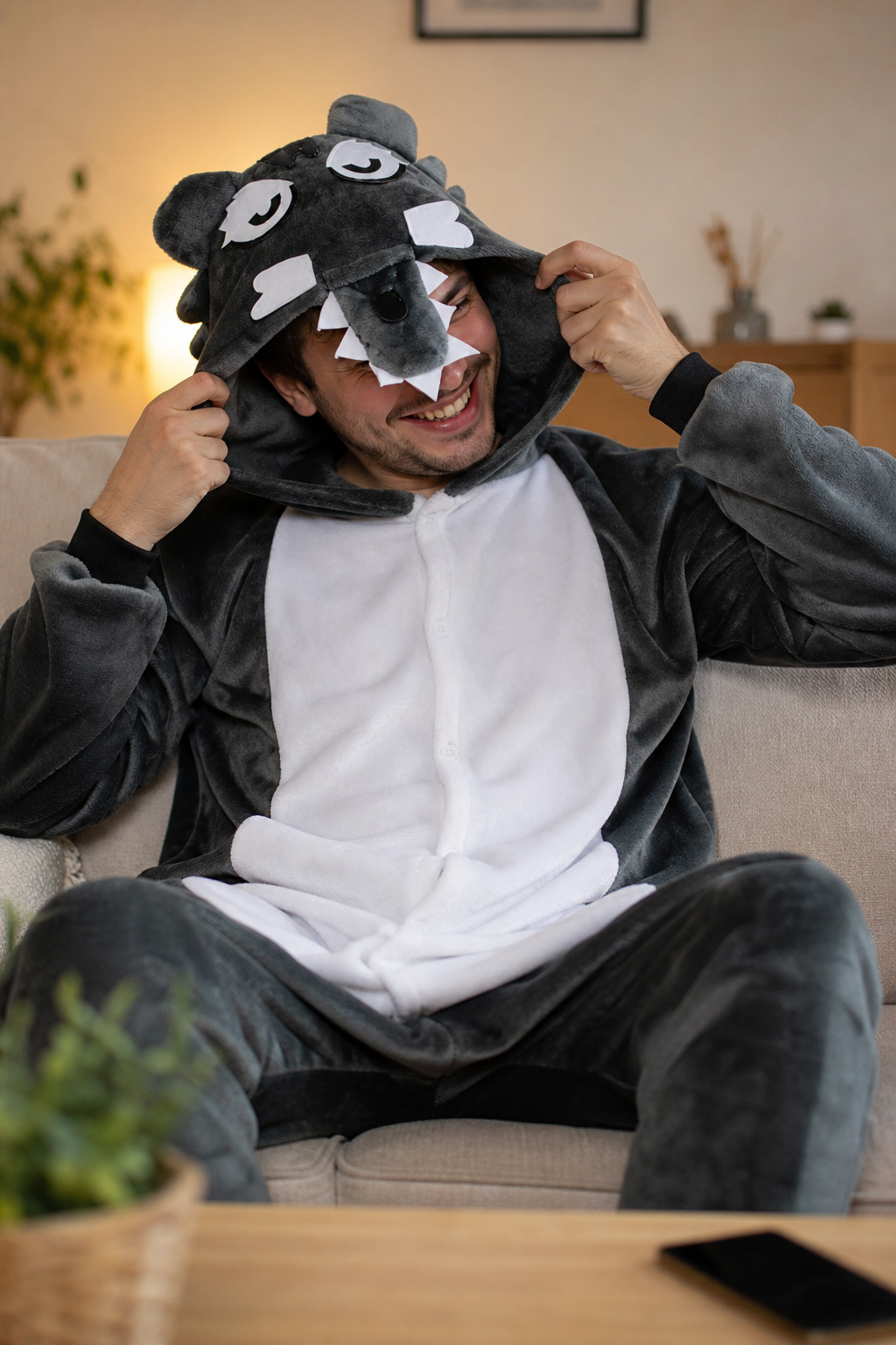Adult Gray Plush Wolf Onesie - Image 6